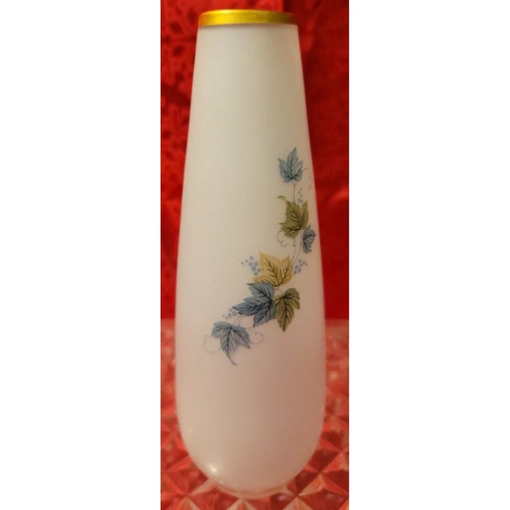 Vintage Fall Frosted Satin Glass Vase Blue Green Gold Leaves Trim Made in Japan